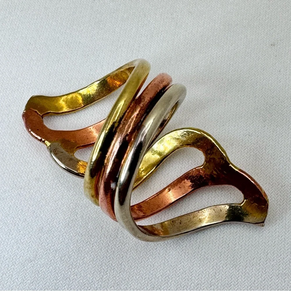 Vintage Mexico Tri Tone Silver Gold Rose Gold Statement Ring Boho